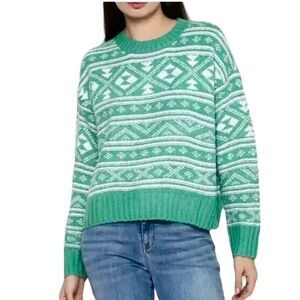 American Eagle Oversized Fair Isle Snowdrift Sweater Green Crew Neck Medium